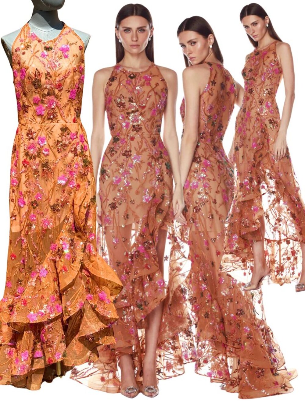 🆕 BRONX & BANCO🧿 NWOT Sicilia Coral Sequin Fluted Hem Maxi Dress, Sz M US 6